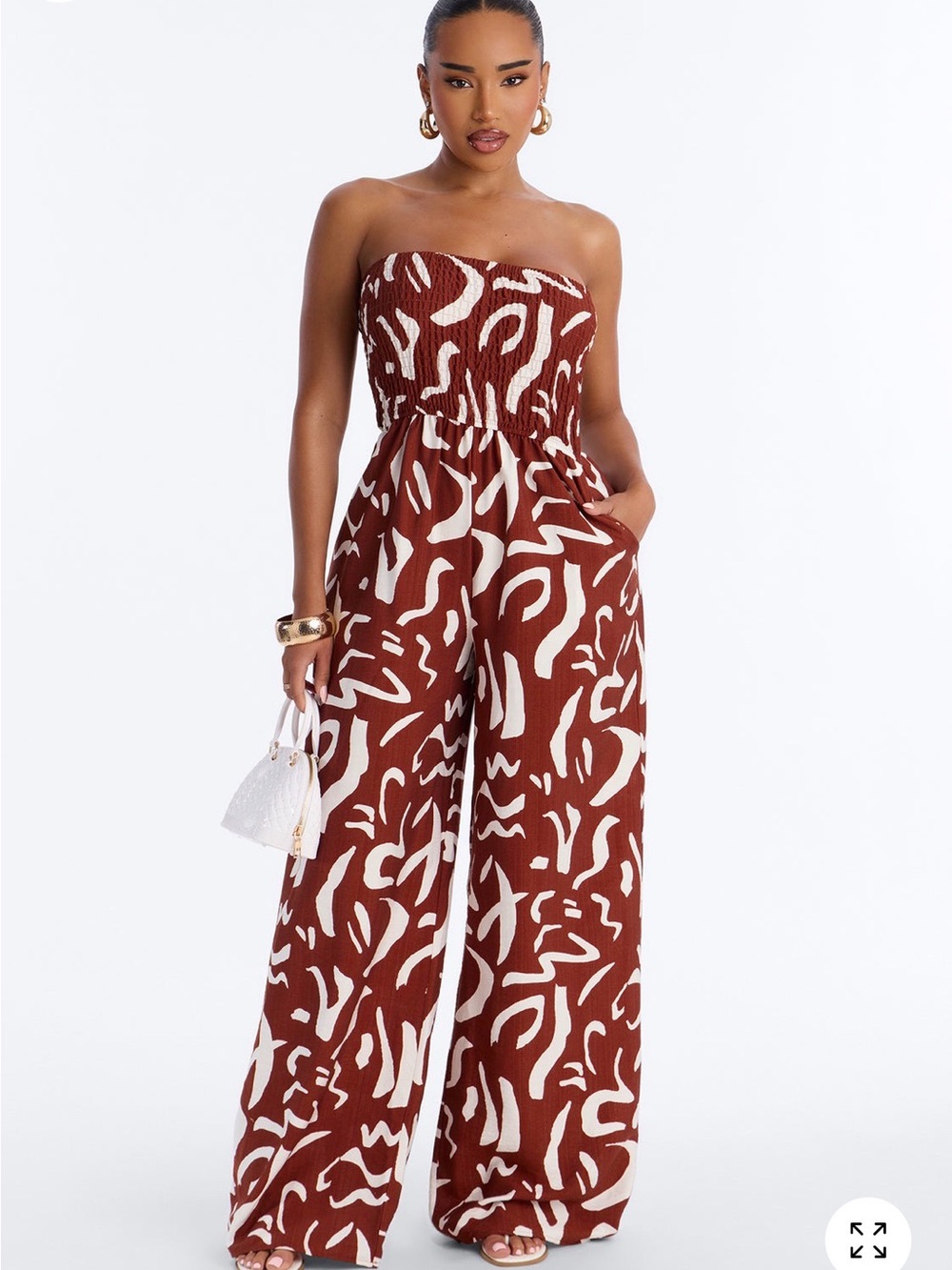 Fashion Nova Strapless Wide-Leg Jumpsuit in Rust and White Abstract